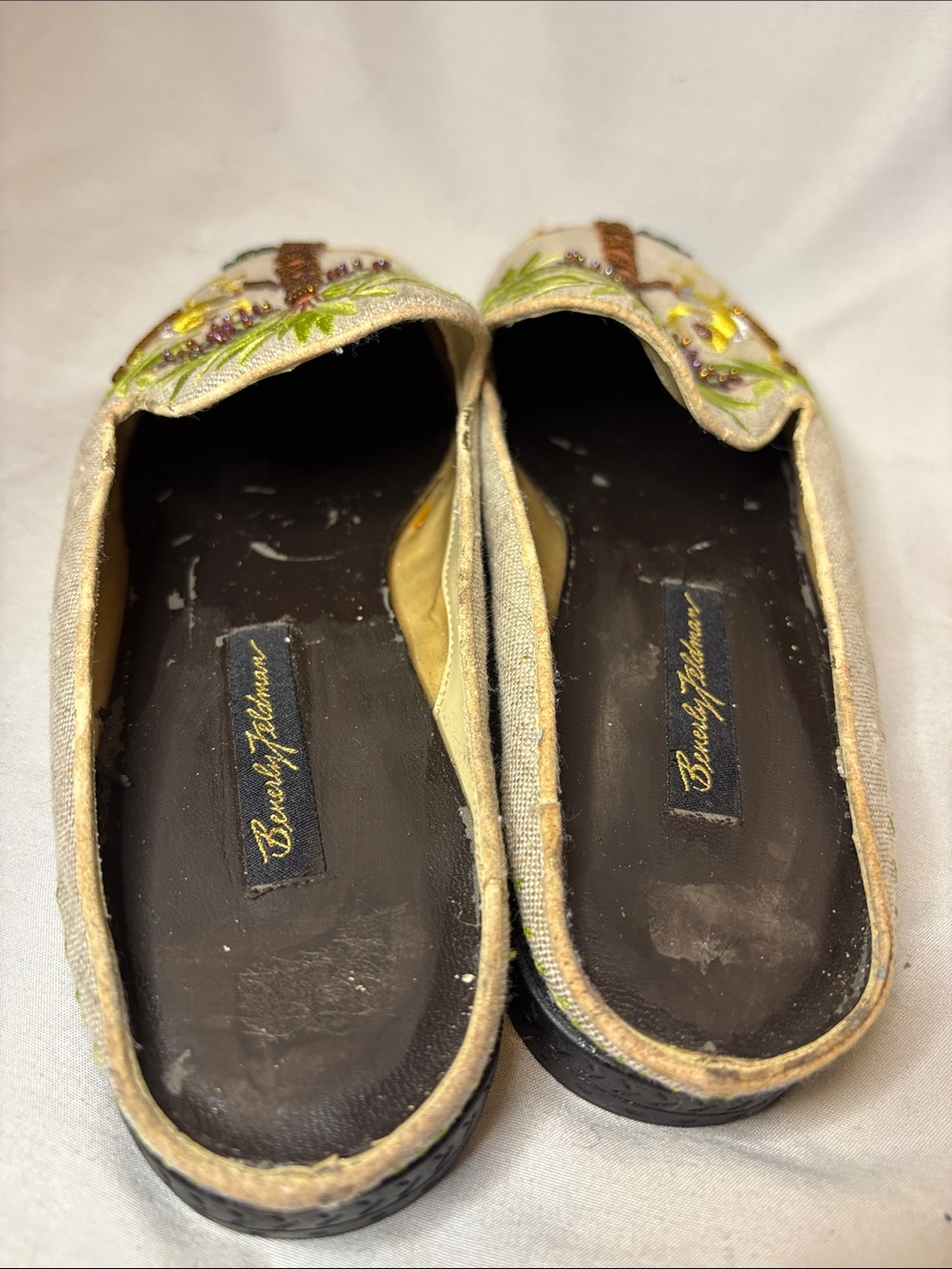 Beverly Feldman flat mules linen tropical monkey and palm tree embroidery 9 - Picture 6 of 9